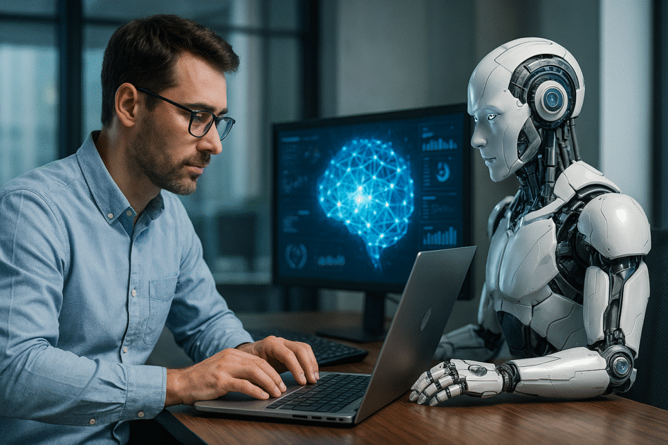 Profissional colaborando com robô assistente em escritório moderno, simbolizando que a IA é ferramenta, não substituto, e destacando o papel do humano na era digital.