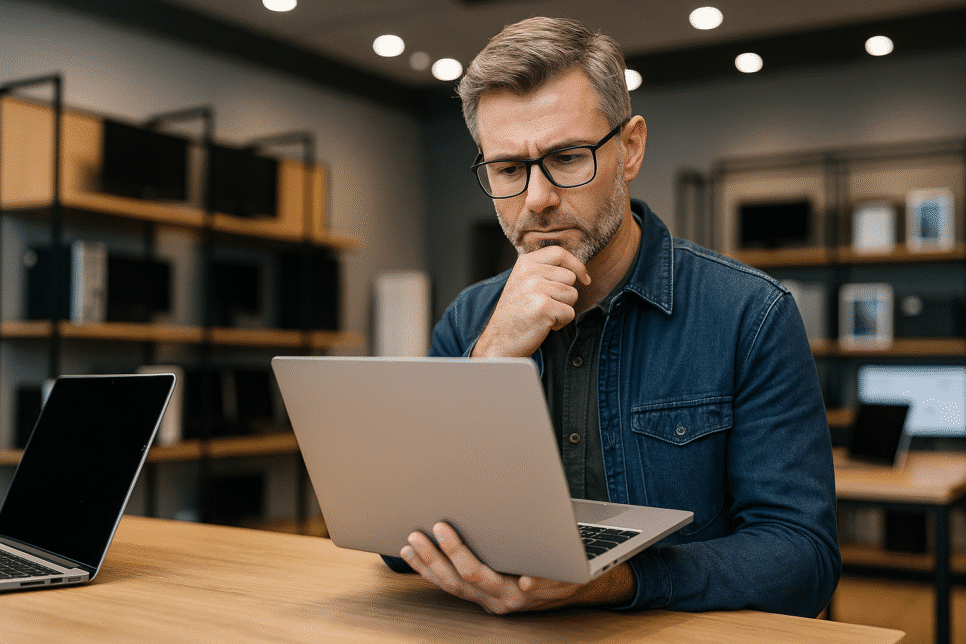 Profissional analisando notebook seminovo em ambiente corporativo moderno, simbolizando o novo valor do “como novo” e a revisão do preconceito com equipamentos seminovos.
