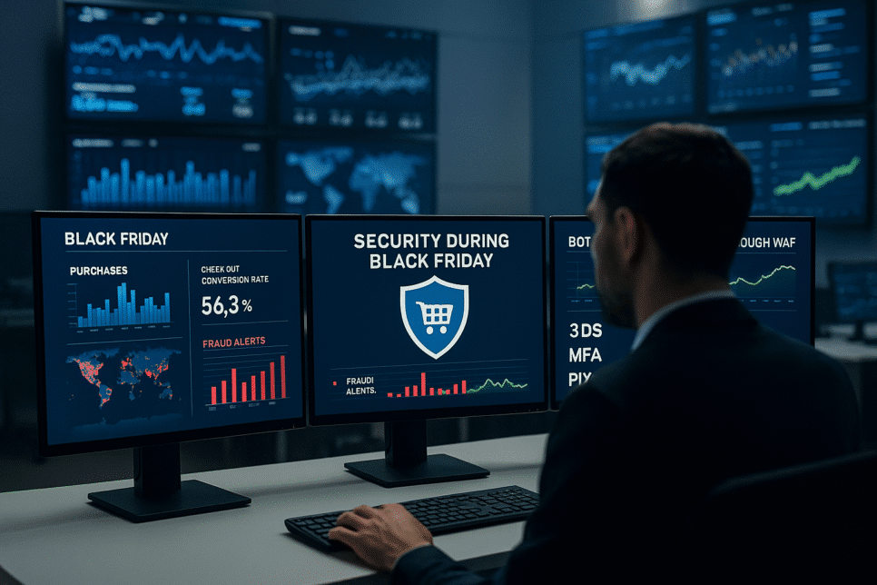Analista monitora painéis de segurança na Black Friday com alertas de fraude e bot management.