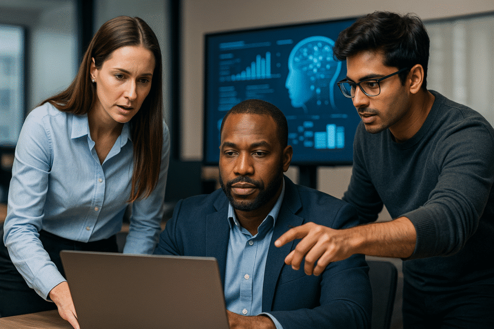 Ti: Equipe de profissionais analisando dados em um escritório moderno com gráficos de IA em exibição ao fundo.