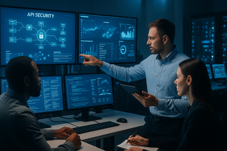 Profissionais de segurança digital monitorando painéis de APIs e dados em tempo real, simbolizando proteção e inovação tecnológica em um centro de operações moderno.