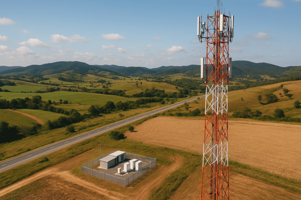 Minas Gerais com torre de telefonia móvel instalada em região rural, representando a expansão da conectividade e dos investimentos em telecomunicações.