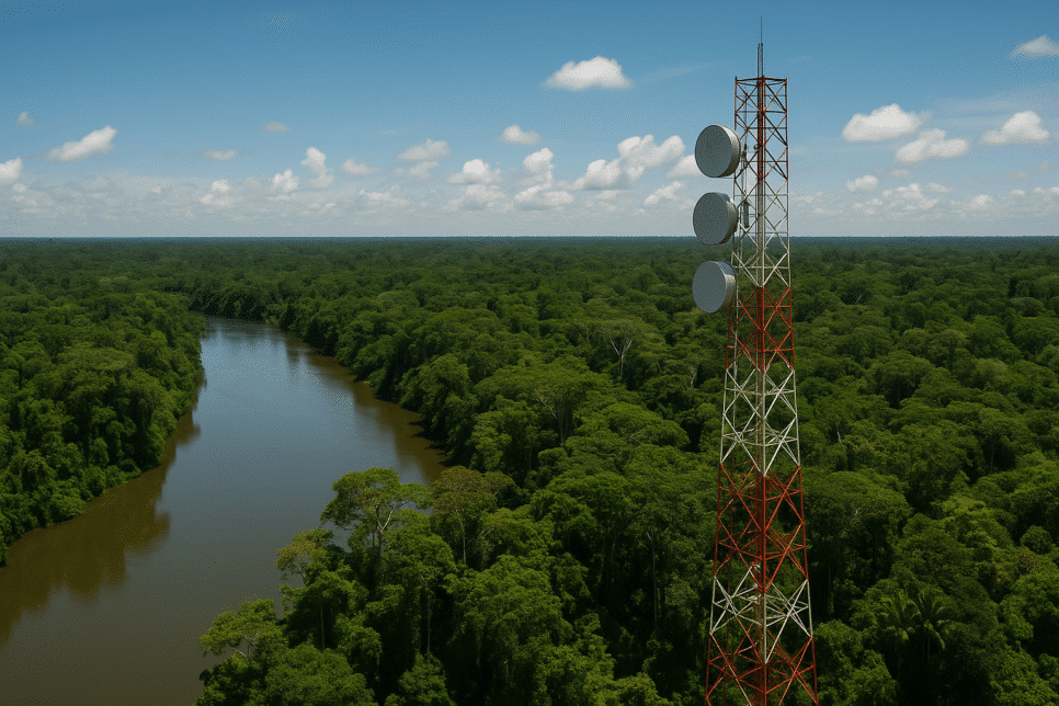 Colômbia: Torre de telecomunicações na floresta amazônica da Colômbia ao lado de um rio, simbolizando o avanço da conectividade e da rede de fibra óptica na região.
