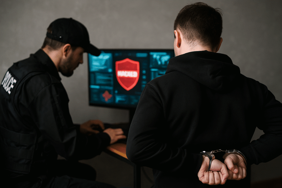 GXC: Policial cibernético prende hacker em operação internacional, com telas exibindo códigos e alertas de segurança digital em ambiente tecnológico.