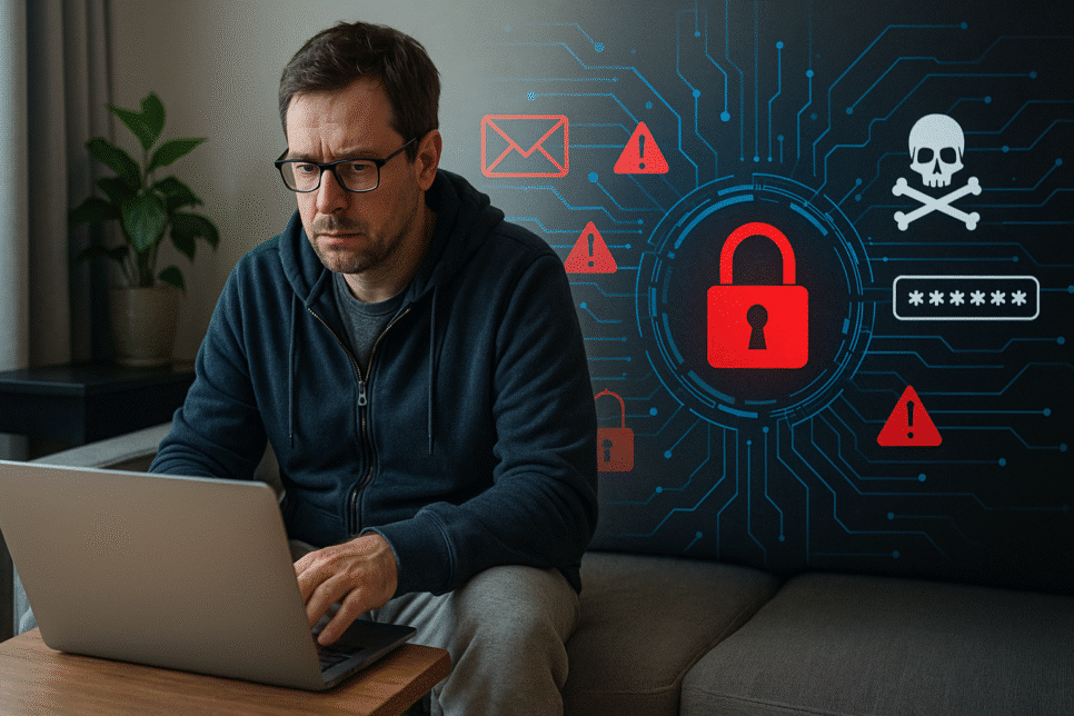 Trabalho remoto: Profissional de TI em home office usando notebook, com gráficos de segurança digital ao fundo representando riscos cibernéticos e proteção de dados.