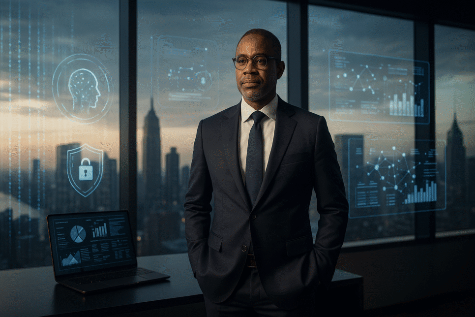 CIO em terno escuro em escritório futurista com hologramas de dados e cidade ao fundo, representando inovação, IA e liderança digital.