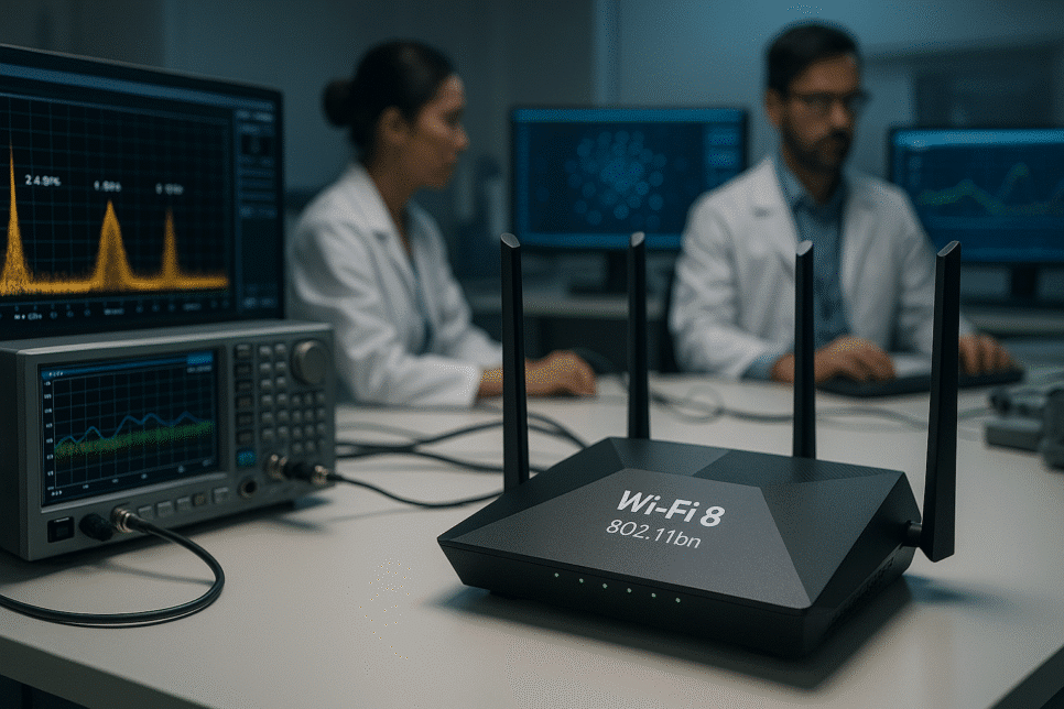 Protótipo de Wi-Fi 8 em bancada de laboratório ao lado de analisador de espectro.