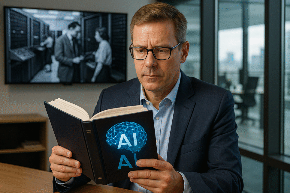 Executivo lendo livro sobre inteligência artificial em escritório moderno, simbolizando por que todo executivo precisa saber a história da IA.