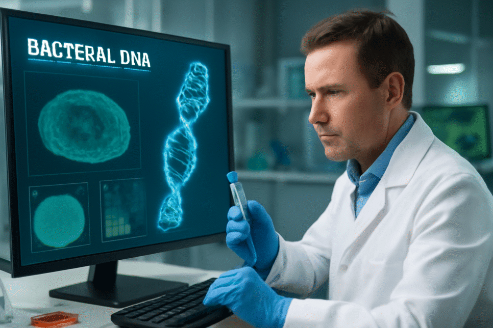 Biofy: Cientista em laboratório de alta tecnologia examinando dados de DNA bacteriano em um computador, com tubo de ensaio nas mãos e equipamentos ao fundo.