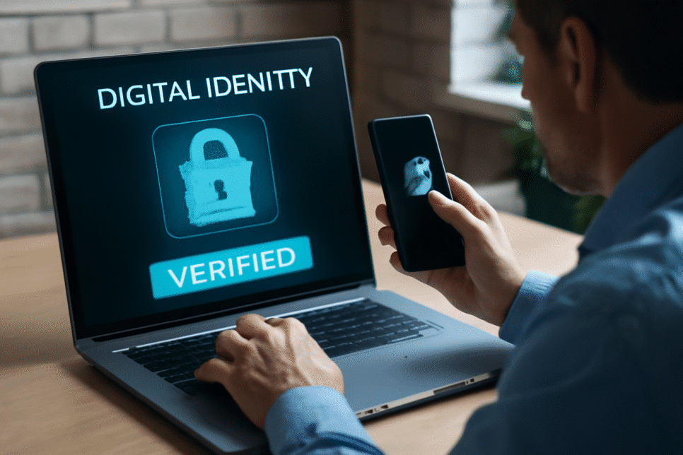 Identidade digital: Homem validando sua identidade com um smartphone e laptop em um ambiente moderno, com foco na autenticação biométrica.