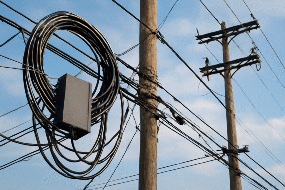 Telecomunicações: Postes de madeira com fios elétricos e de telecomunicações, incluindo uma caixa de distribuição de fibra óptica, sob um céu parcialmente nublado.