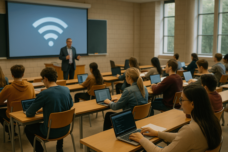 Anatel: Sala de aula universitária com alunos em laptops e professor explicando conectividade, com um ícone de Wi-Fi projetado na tela.