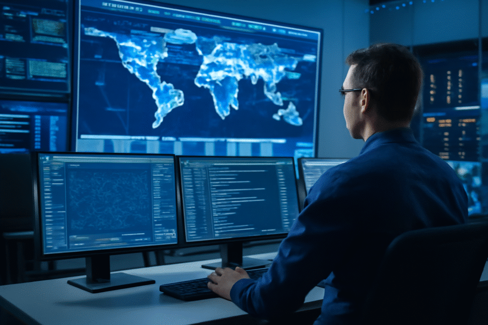 ISPs: Profissional de TI trabalhando em um Centro de Operações de Rede, com múltiplos monitores exibindo gráficos e dados sobre conectividade e desempenho de rede.