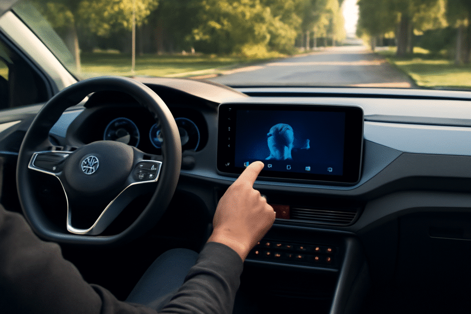 OTTO: Motorista interagindo com a tela de infotainment em um Volkswagen, com o painel digital e a estrada iluminada ao fundo, destacando a experiência de conectividade no carro.