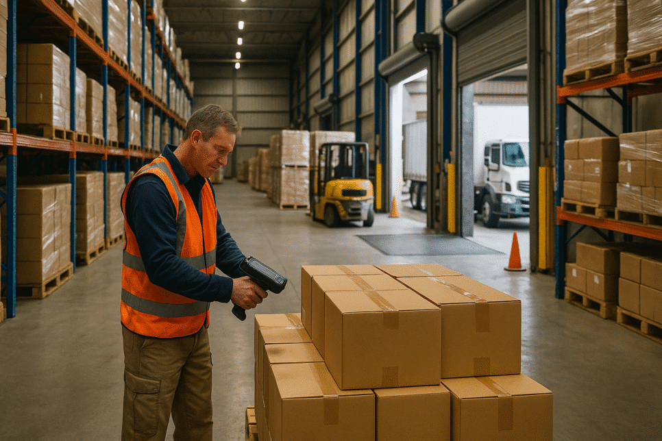 Logística eficiente com operador escaneando produtos em armazém moderno, caminhões ao fundo e sistemas de controle integrados.