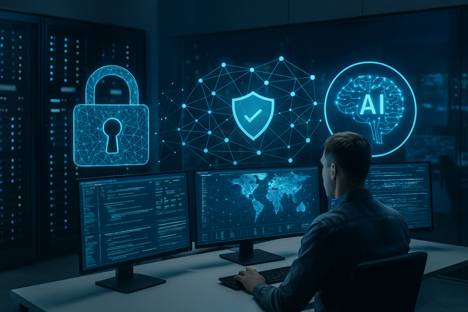 Zero Trust em ambiente corporativo moderno, com especialista de segurança analisando painéis digitais, servidores e hologramas de IA e cadeados cibernéticos.