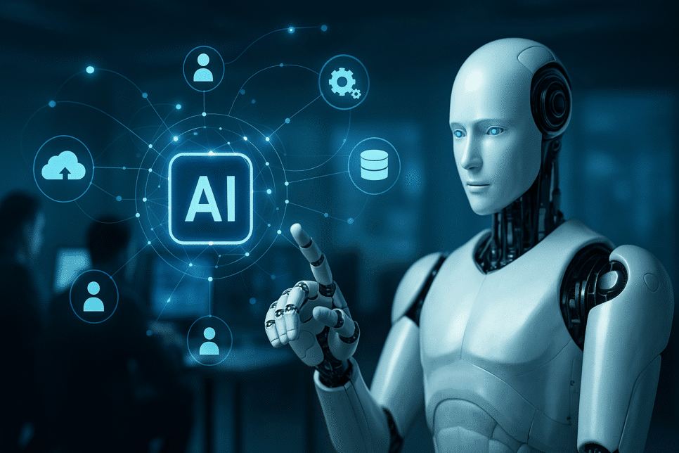 IA agentiva: Robô humanóide interage com interface digital de IA em ambiente corporativo futurista, simbolizando agentes autônomos operando em ecossistemas SaaS.