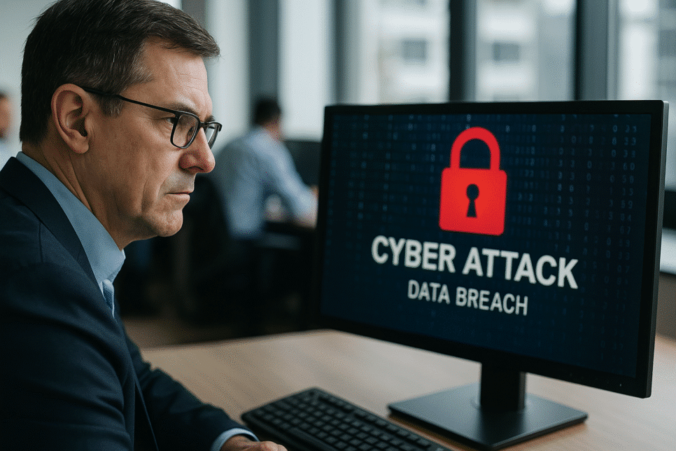 Unimed: Executivo de tecnologia analisa alerta de ataque hacker em escritório moderno, representando investigação de possível vazamento de dados corporativos.