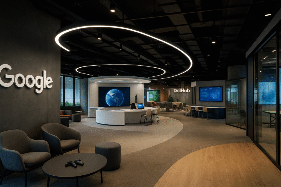 Interior moderno do Google Experience Center da Deloitte em São Paulo, com arquitetura futurista, áreas colaborativas e tecnologias de IA e nuvem em destaque.