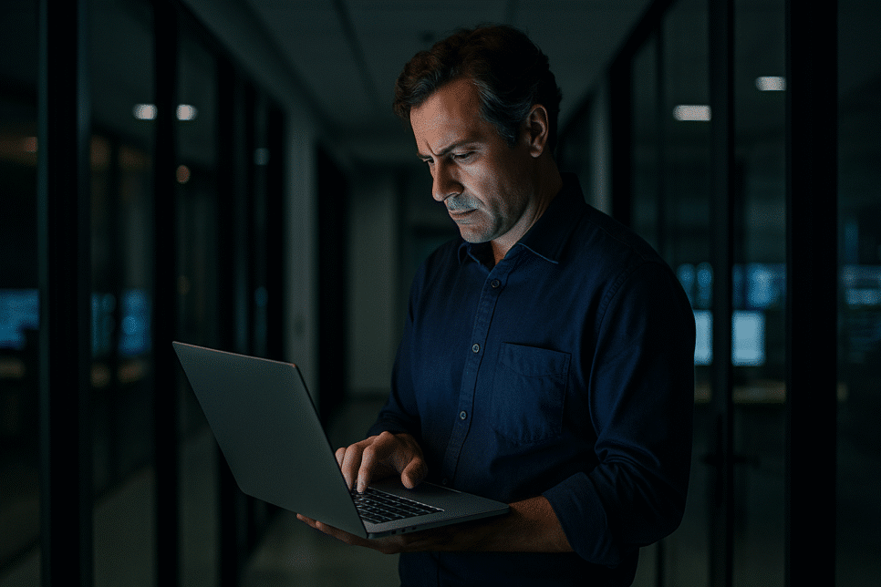 Profissional usando laptop pessoal em corredor de escritório escuro, simbolizando a shadow IT como um movimento potencialmente irrefreável dentro das empresas.