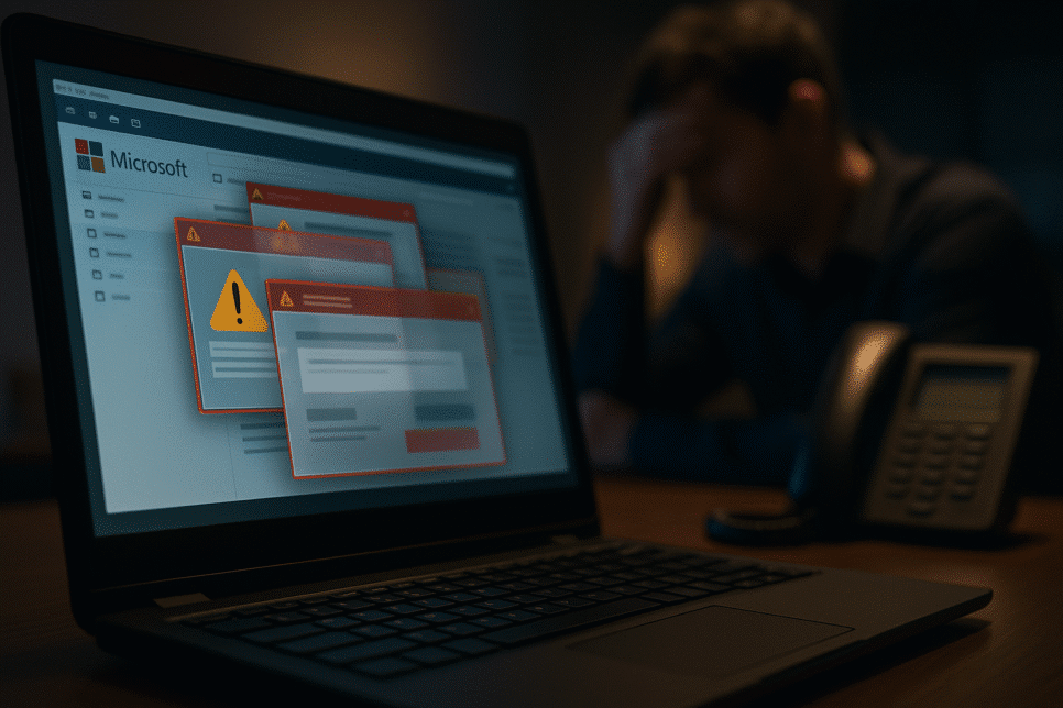 Laptop exibindo falsos alertas de segurança da Microsoft e homem preocupado ao fundo, simbolizando golpe de suporte técnico.