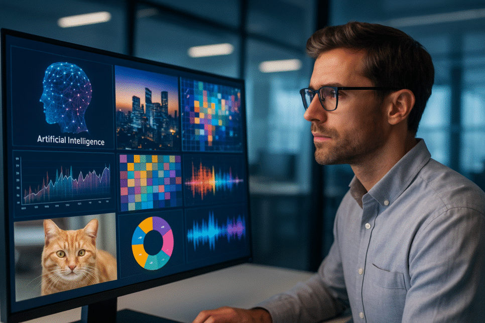 Pesquisador analisando gráficos, imagens e sons em tela ampla, simbolizando modelos multimodais como a nova fronteira da inteligência artificial.