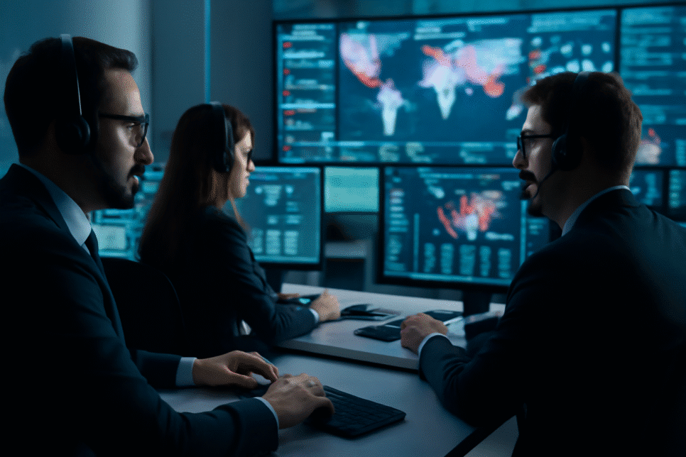 Profissionais monitorando sistemas de segurança digital em tempo real, com destaque para a prevenção de ciberataques alimentados por IA em hotéis brasileiros.
