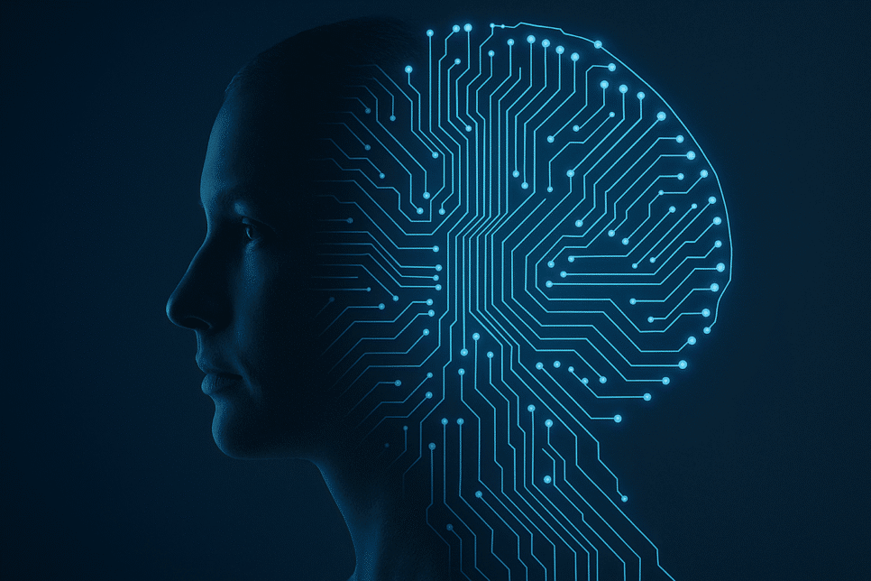 Representação realista de inteligência artificial eficiente processando dados e executando tarefas automatizadas sem imitar a mente humana