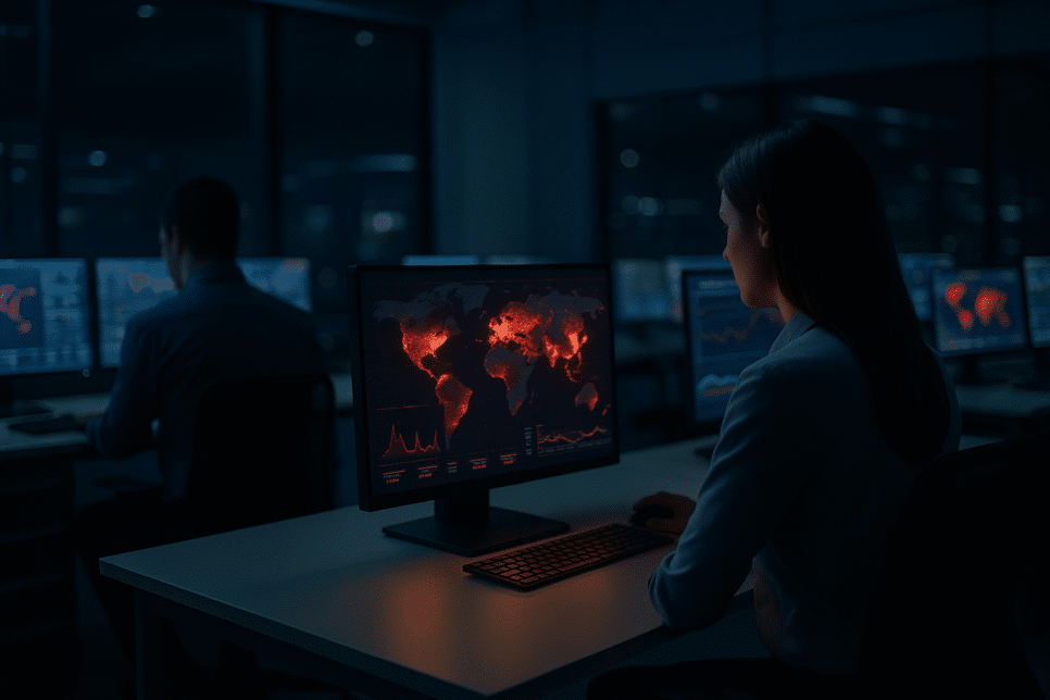 Analista observa mapa de incidentes em centro de operações enquanto IA monitora métricas em tempo real.