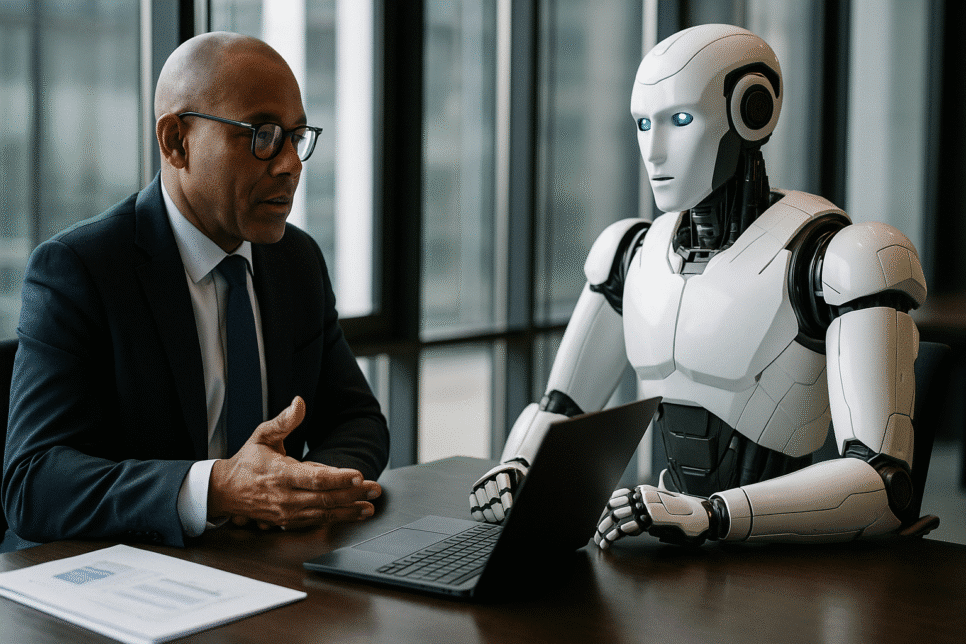 Homem de negócios conversando com robô de IA em escritório moderno, representando colaboração entre humanos e agentes inteligentes.