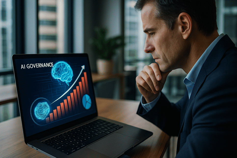 Profissional analisando painel de governança de IA em laptop, simbolizando governança de IA como investimento estratégico.