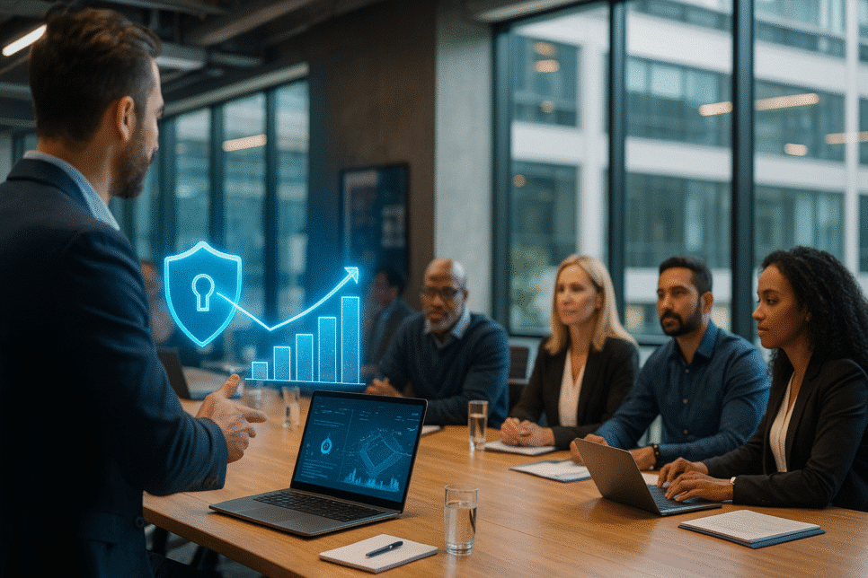 ampla, em sala de reunião, equipe diversa e um holograma (escudo + gráfico de crescimento) ligando cibersegurança a resultados de negócio.