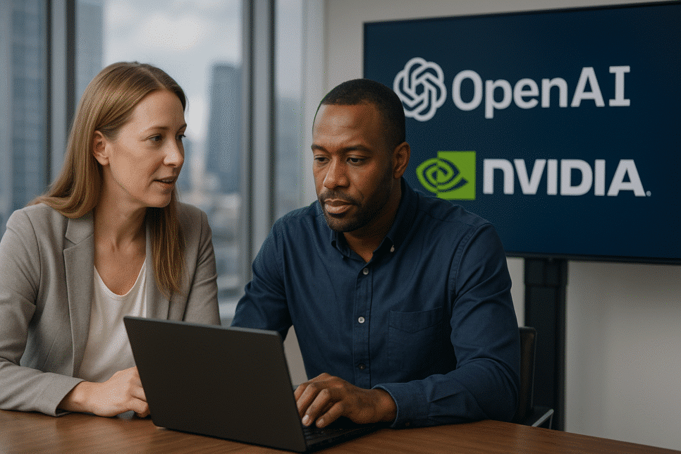 Dois profissionais discutindo parceria tecnológica em escritório moderno com logotipos da OpenAI e NVIDIA ao fundo, simbolizando o limite dos modelos de IA e a aposta bilionária na parceria OpenAI–NVIDIA.