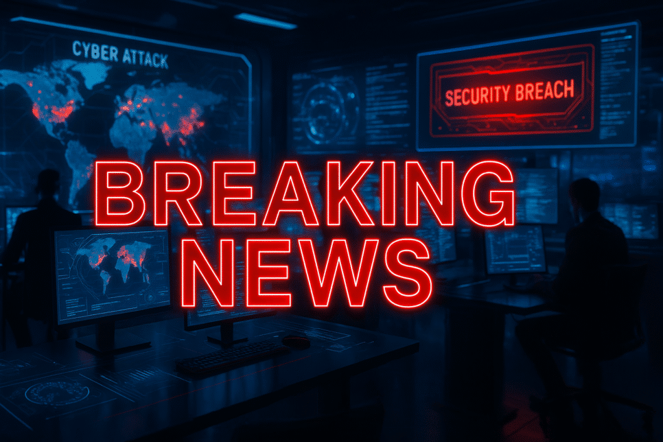 Sala futurista de cibersegurança com alerta de “Breaking News” em destaque nas telas.
