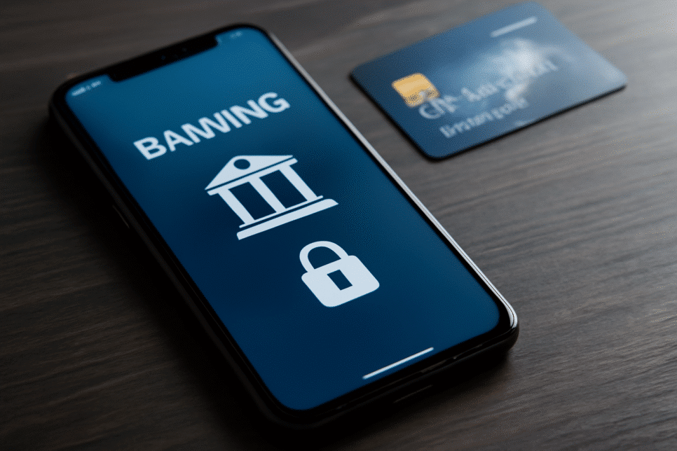 Trojans: Smartphone exibindo aplicativo bancário com ícones de banco e segurança, ao lado de um cartão de crédito, em mesa de madeira polida.