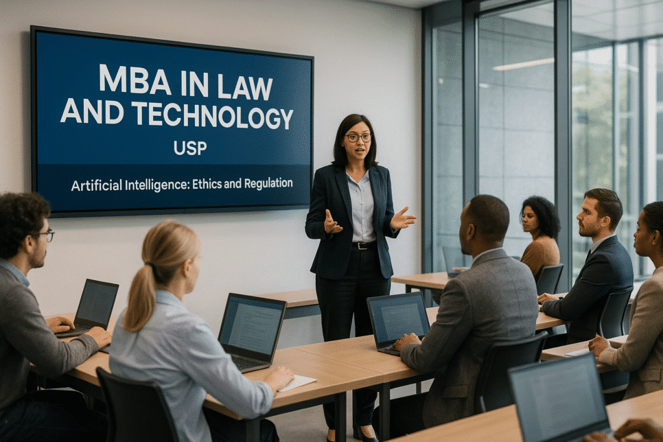 Professora da USP ensina ética e regulação da IA em aula do MBA em Direito e Tecnologia, com alunos atentos e notebooks em uma sala moderna e iluminada.