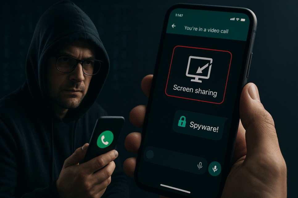 Homem de capuz segura celular com o ícone do WhatsApp e alerta de compartilhamento de tela, simbolizando golpe digital monitorado pela Kaspersky.
