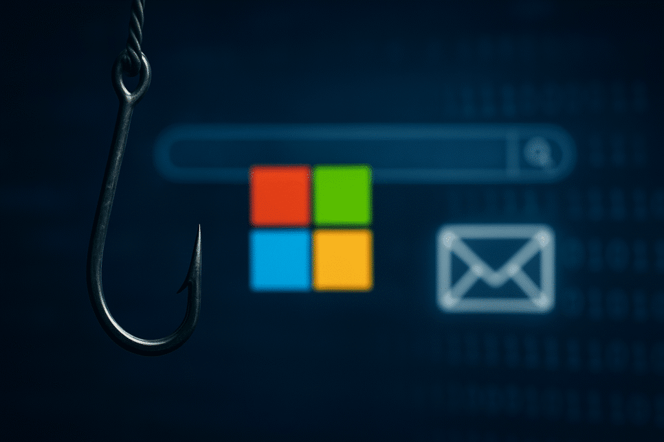 Anzol representando phishing diante do logotipo da Microsoft e ícones digitais em tons de azul, simbolizando ataques cibernéticos.