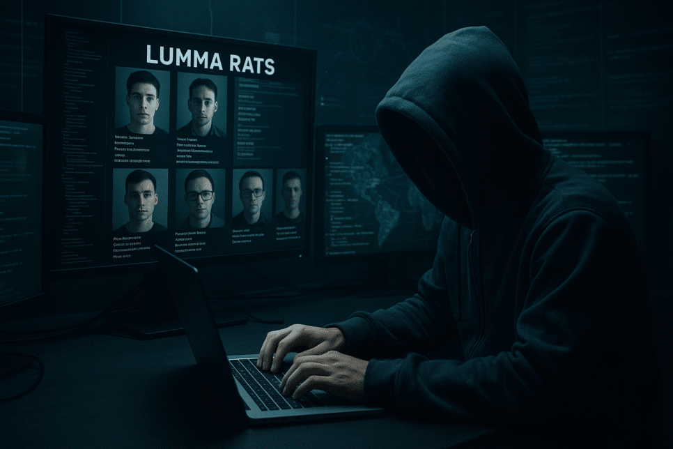 Hacker encapuzado digitando em um laptop diante de telas com códigos e rostos expostos, representando hackers rivais que denunciaram os operadores do Lumma Stealer.