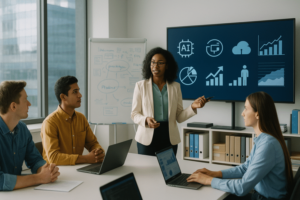 Citi: Instrutora apresenta conceitos de inteligência artificial a jovens em um laboratório de tecnologia, representando formação profissional e inclusão digital.