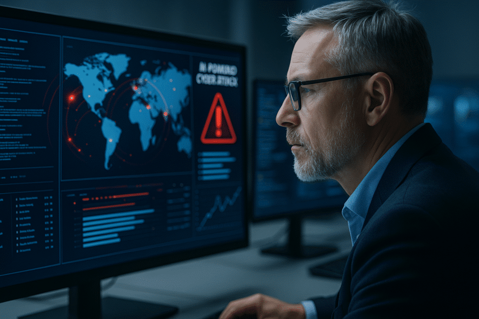 Profissional de TI analisa painéis de segurança digital com alertas de ataques cibernéticos baseados em inteligência artificial em uma sala de controle moderna.