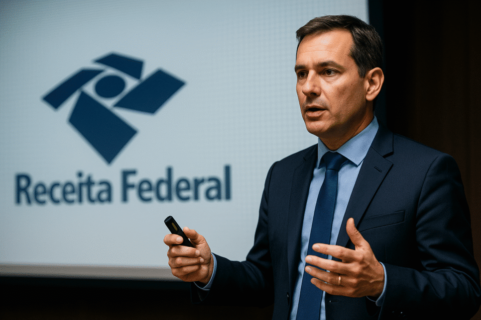 Auditor da Receita Federal em apresentação sobre projetos de inteligência artificial e transformação digital do órgão.