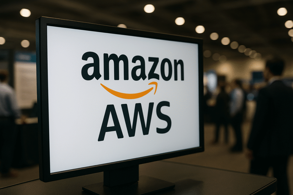 Sala de servidores moderna com técnicos monitorando falhas em sistemas da Amazon Web Services, representando uma pane global na computação em nuvem.