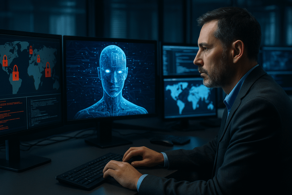 Inteligência artificial auxilia analista de cibersegurança observando telas com dados e ataques digitais em um centro de operações tecnológico.
