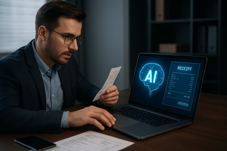 IA: Homem em escritório usando inteligência artificial no computador para criar notas falsas, simbolizando fraudes corporativas digitais.