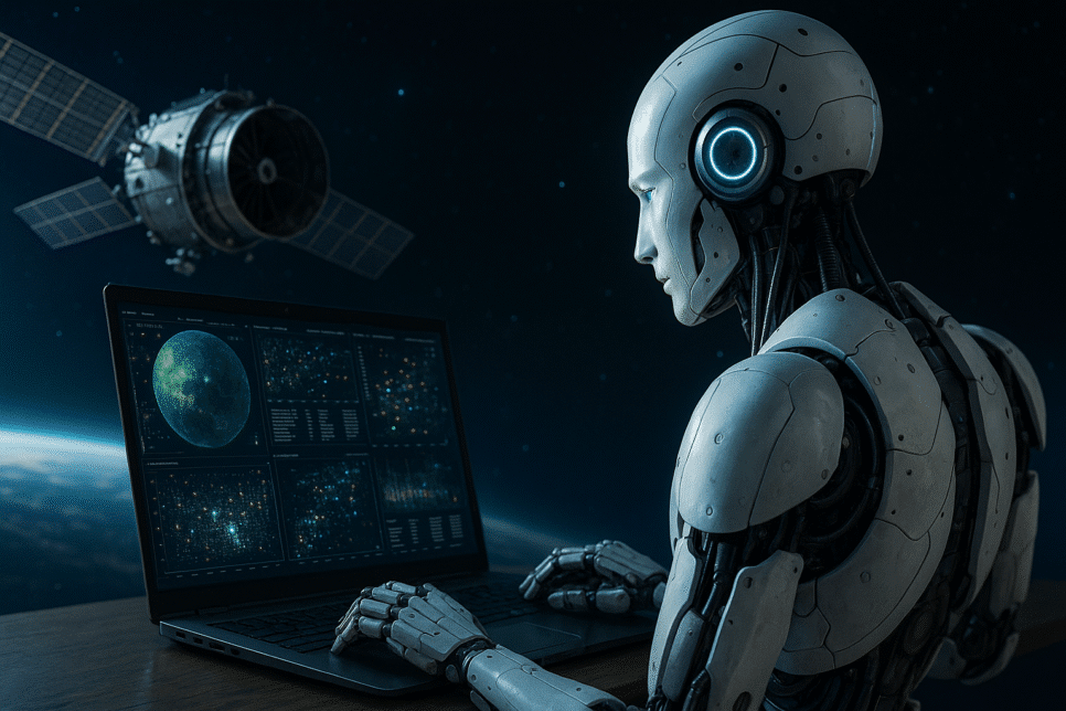 Ciência Espacial: Robô de IA interage com laptop exibindo gráficos e imagens do espaço, com um satélite em órbita da Terra ao fundo.
