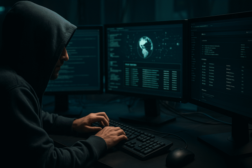 Analista de segurança observa monitores com códigos e mapas digitais, simbolizando a vigilância da dark web por sistemas de IA.