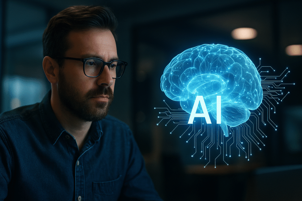 Renderização realista de servidores e circuitos interconectados em ambiente tecnológico moderno, representando o modelo de inteligência artificial DeepSeek V3.2 Exp.