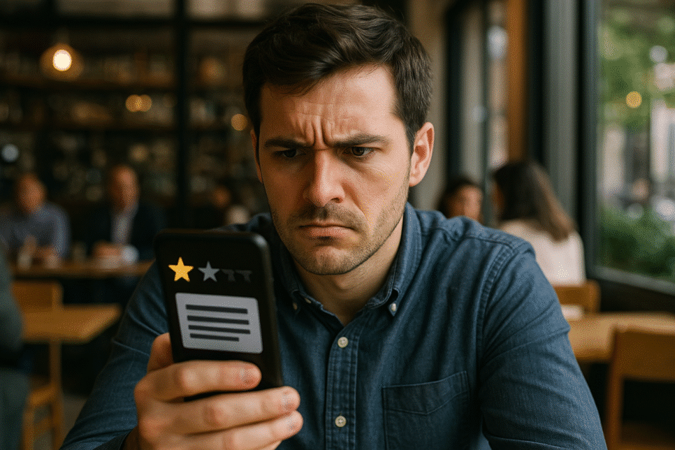 Homem jovem observando o celular em um café enquanto lê uma avaliação de uma estrela, simbolizando fake negative reviews e a ameaça de 1 estrela para negócios.