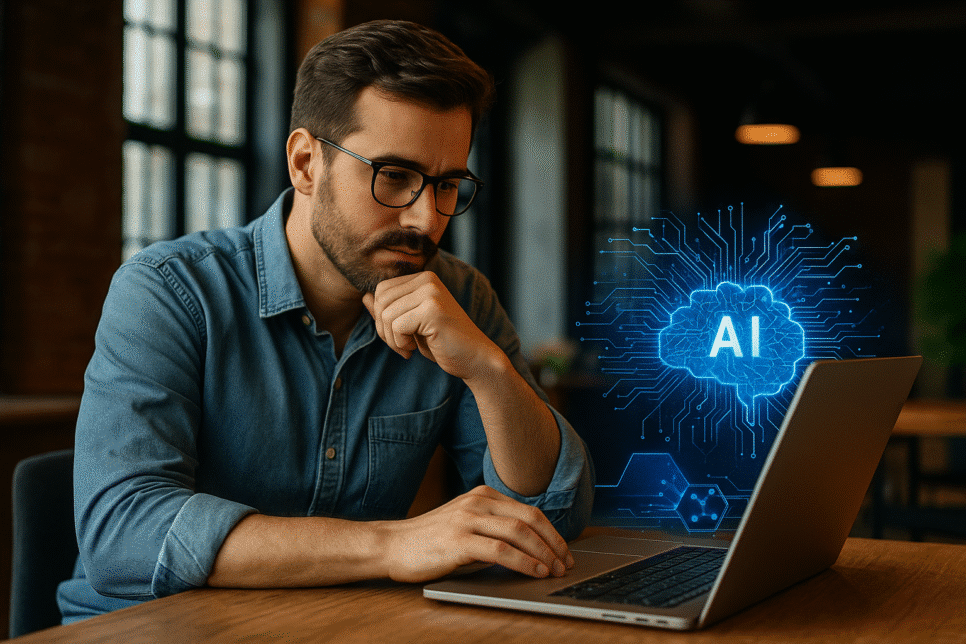 Empreender em IA na era dourada, profissional analisando soluções de inteligência artificial em ambiente moderno.